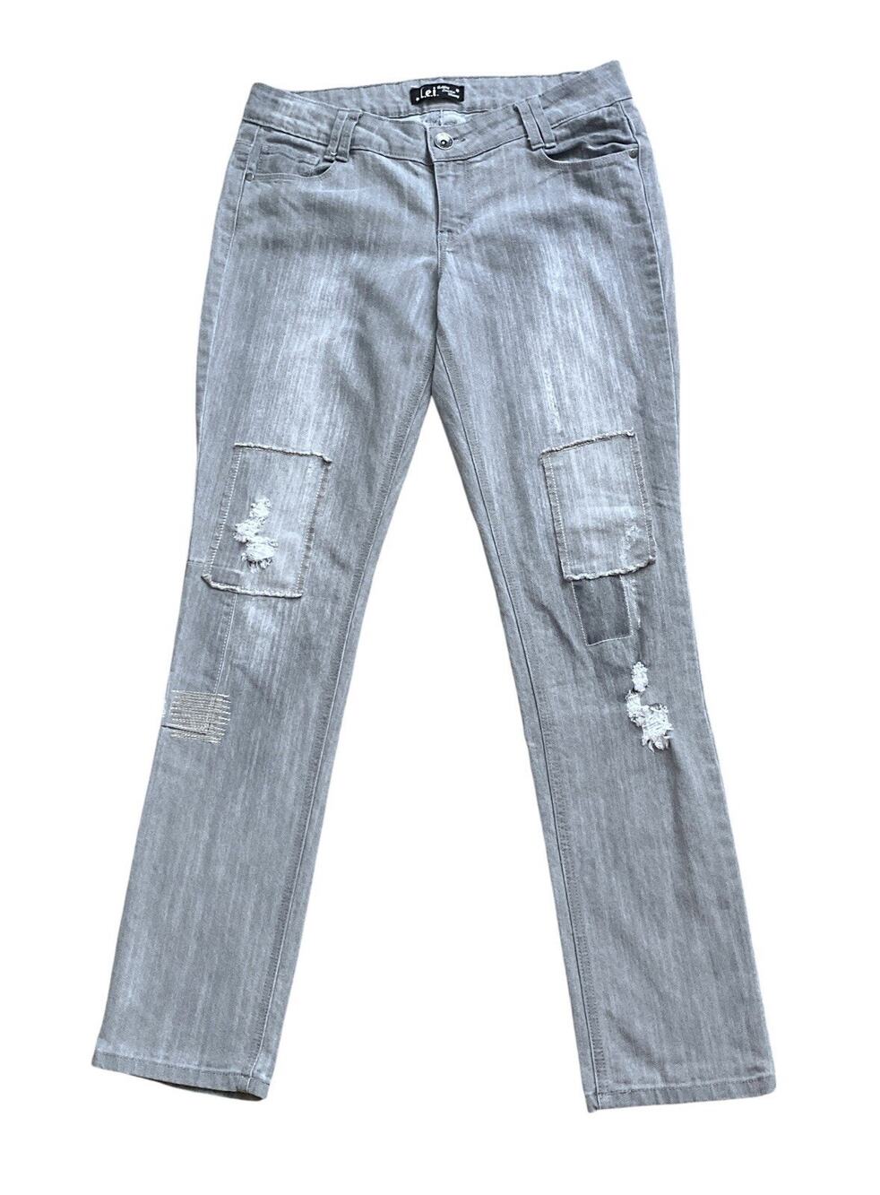 LEI Ashley Low Rise Skinny Jeans Womens Size 11 Gray Distressed Patchwork Y2K
